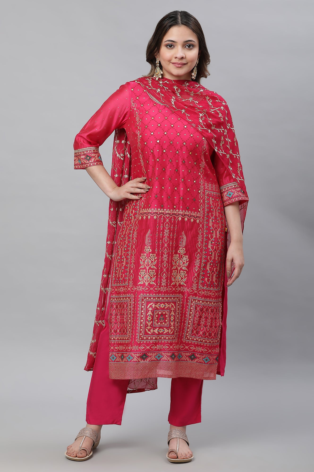 Pink Printed Festive Kurta, Pants and Embroidered Dupatta Set