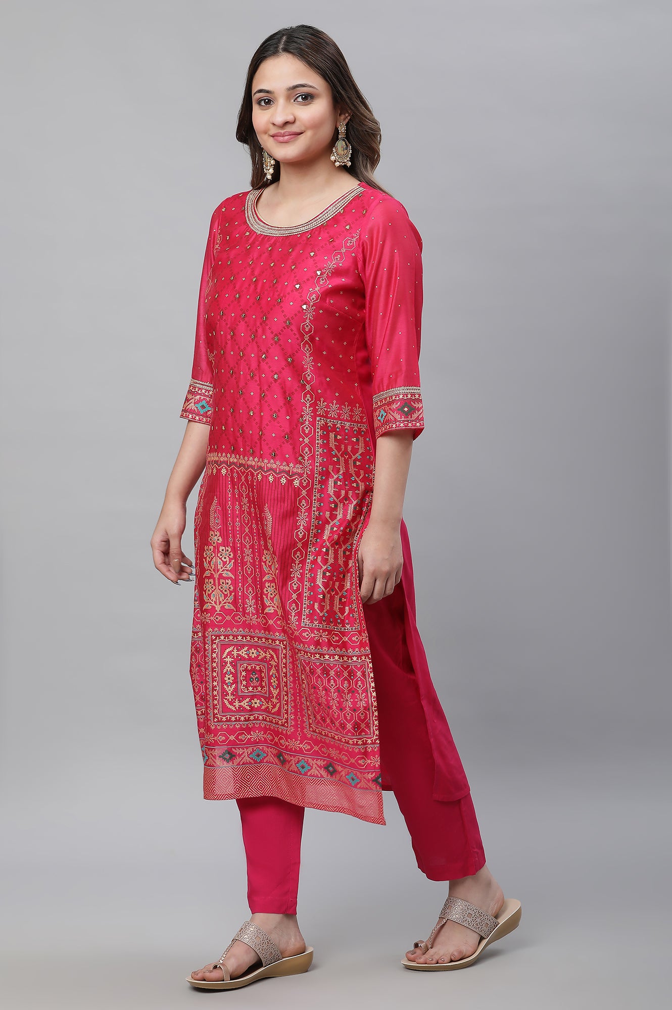 Pink Printed Festive Kurta, Pants and Embroidered Dupatta Set