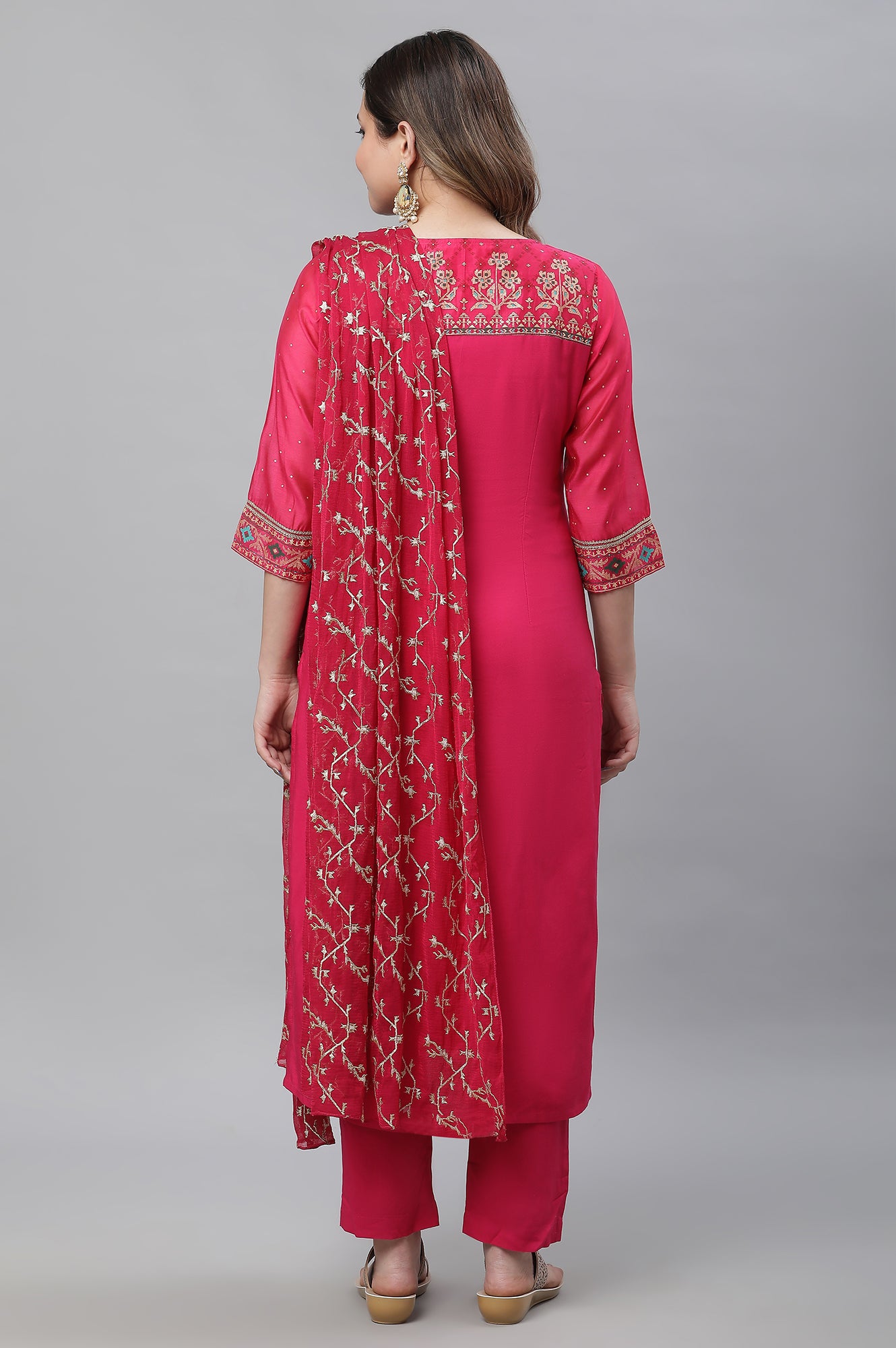 Pink Printed Festive Kurta, Pants and Embroidered Dupatta Set