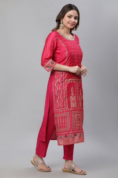 Pink Printed Festive Kurta, Pants and Embroidered Dupatta Set