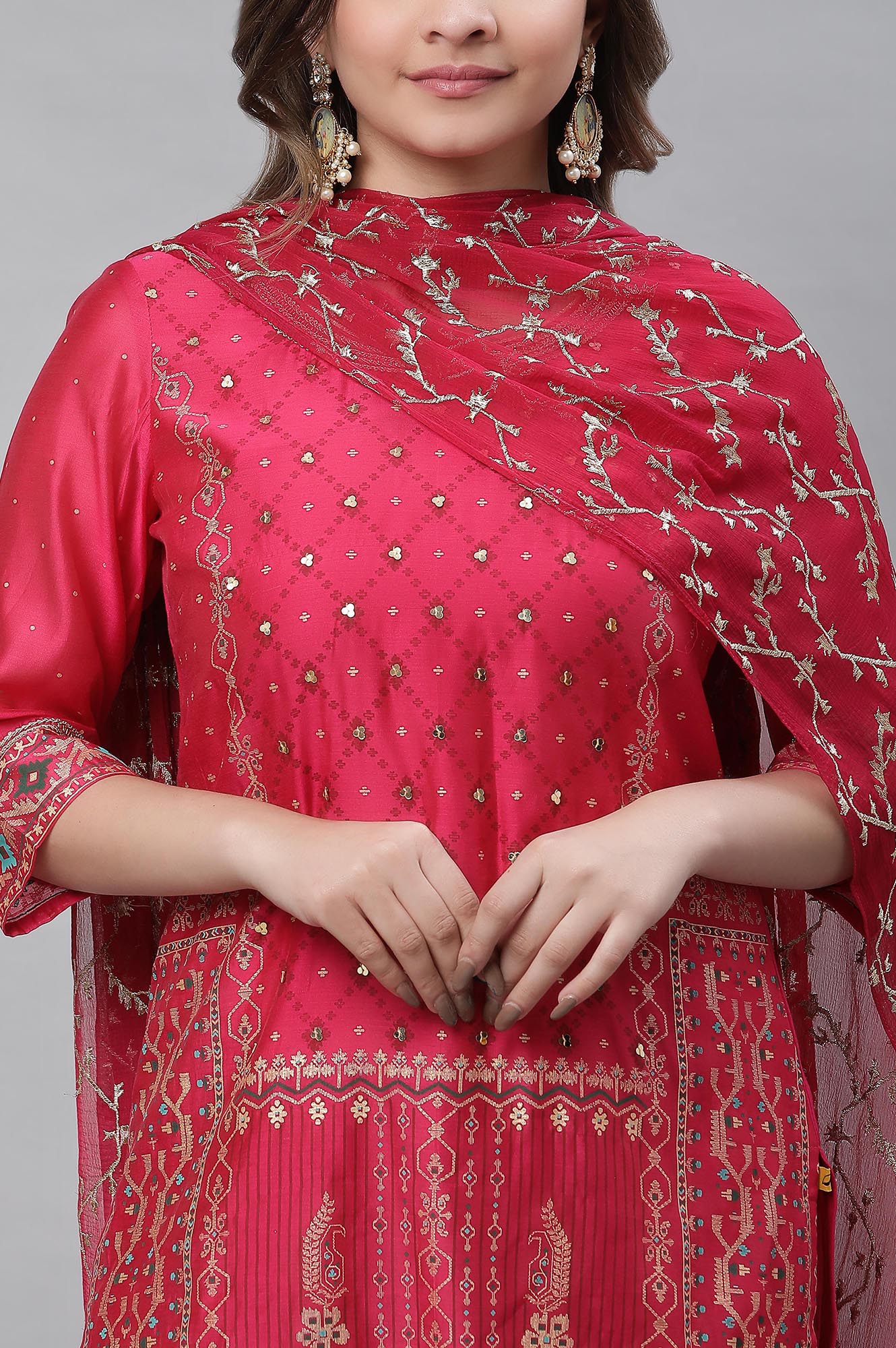 Pink Printed Festive Kurta, Pants and Embroidered Dupatta Set