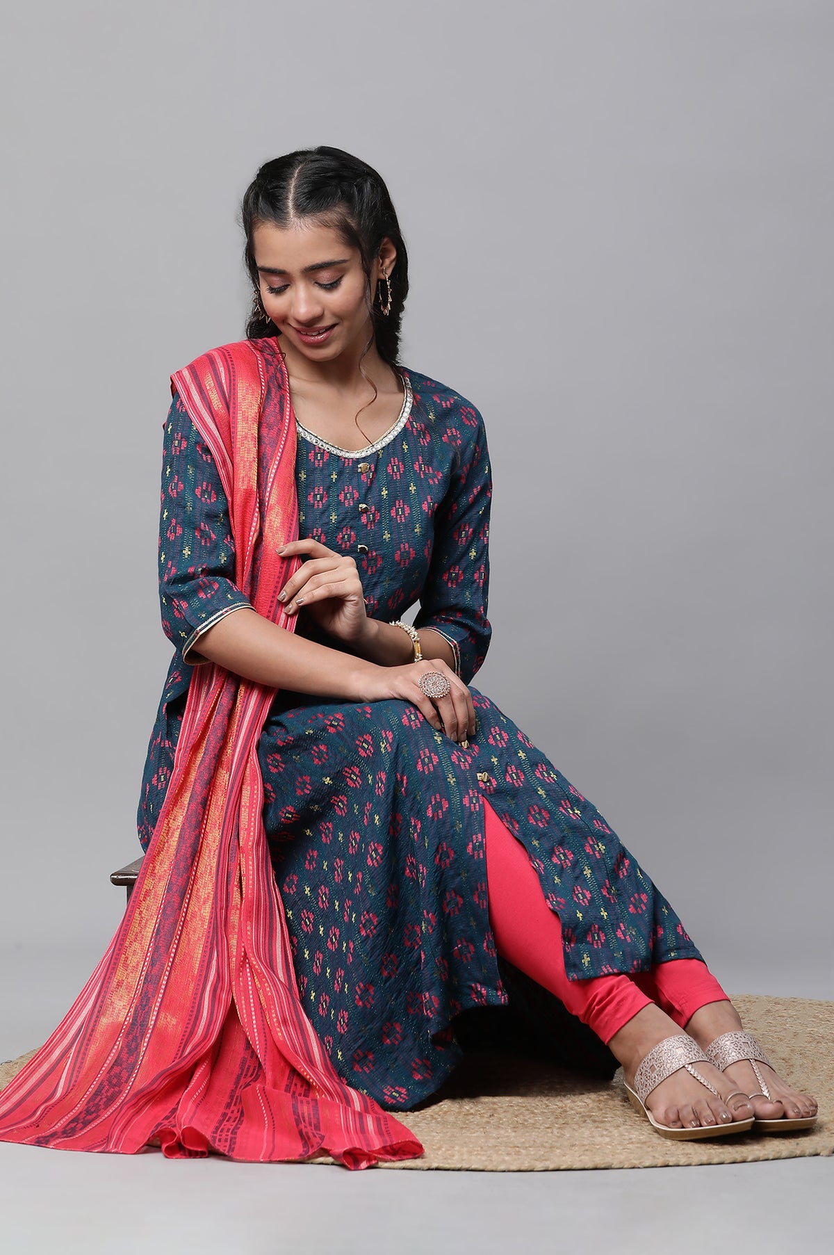 Blue Printed Flared Kurta, Tights and Dupatta Set - S