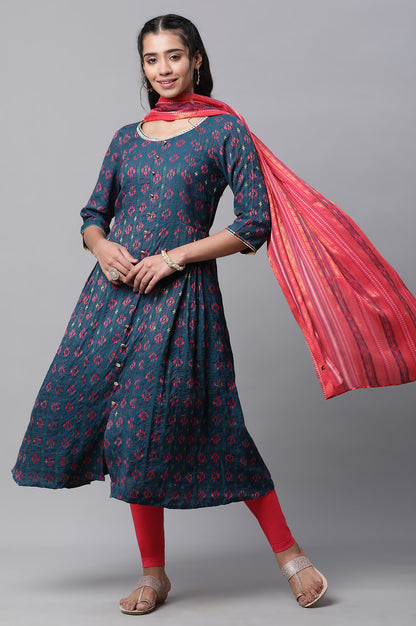 Blue Printed Flared Kurta, Tights and Dupatta Set