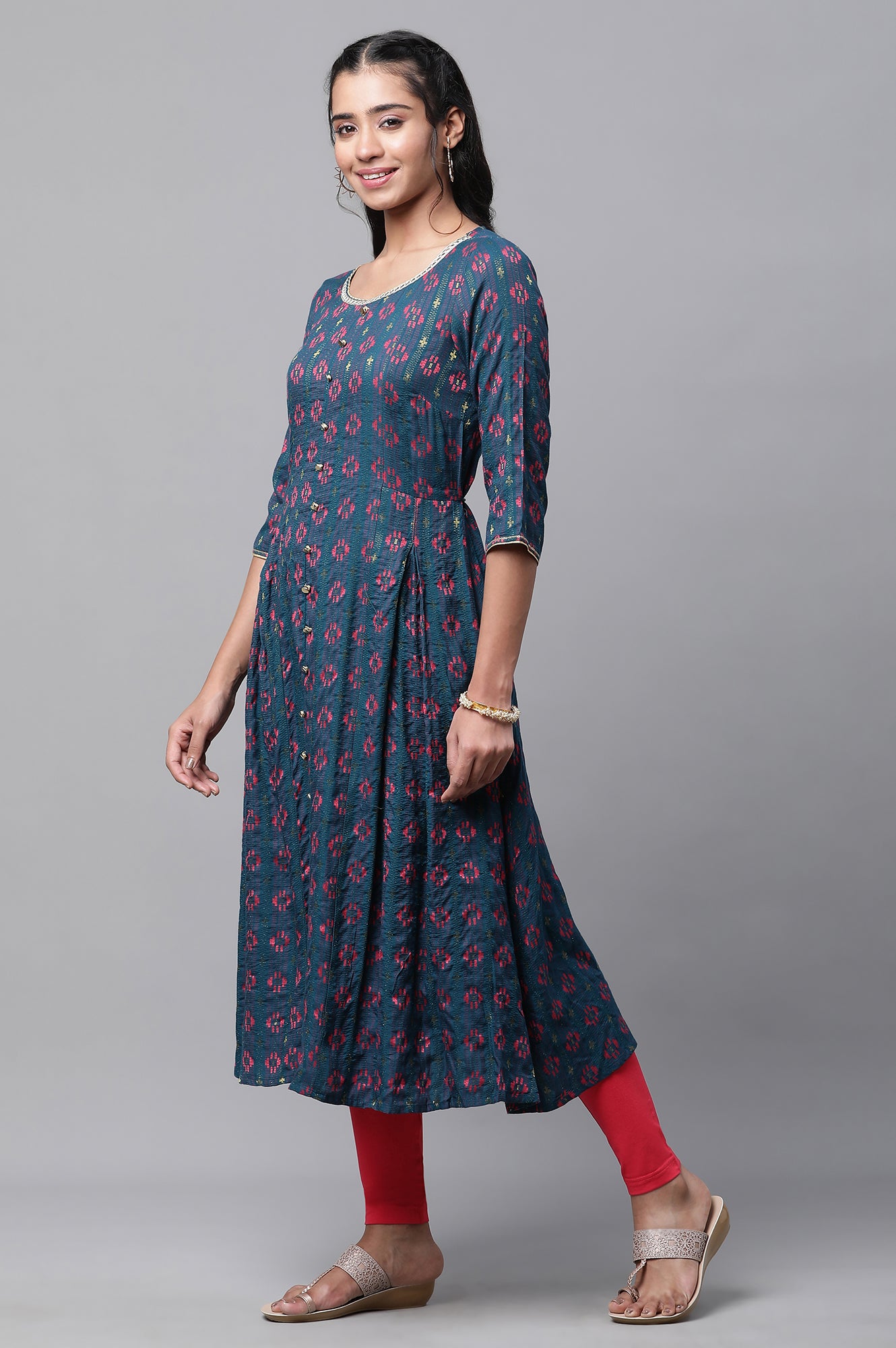 Blue Printed Flared Kurta, Tights and Dupatta Set