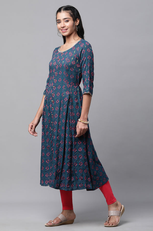 Blue Printed Flared Kurta Tights and Dupatta Set