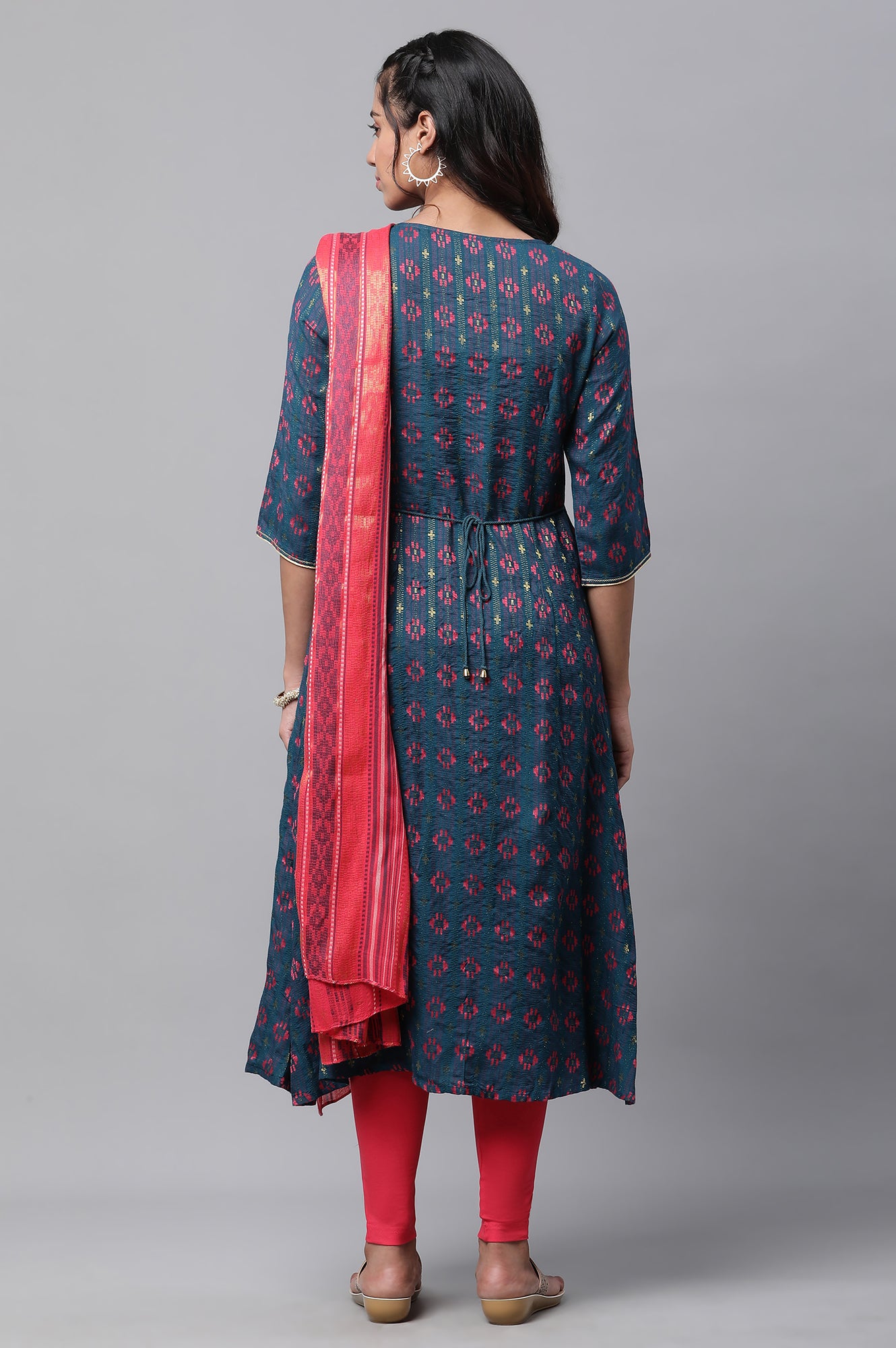 Blue Printed Flared Kurta, Tights and Dupatta Set