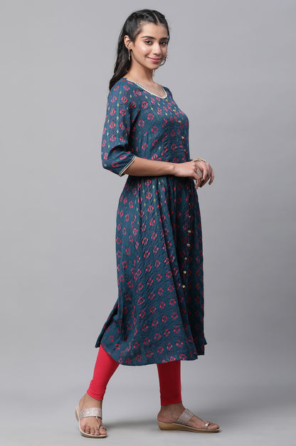 Blue Printed Flared Kurta, Tights and Dupatta Set