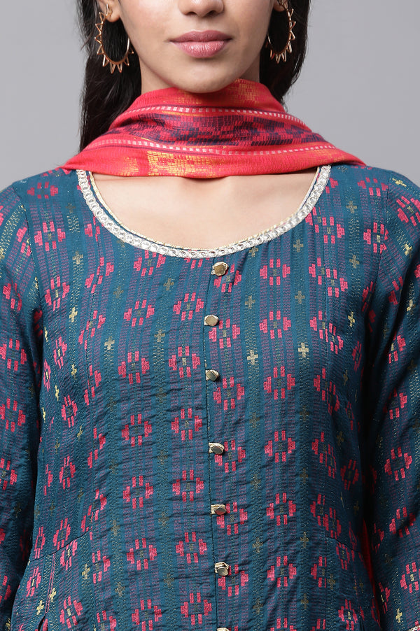 Blue Printed Flared Kurta Tights and Dupatta Set