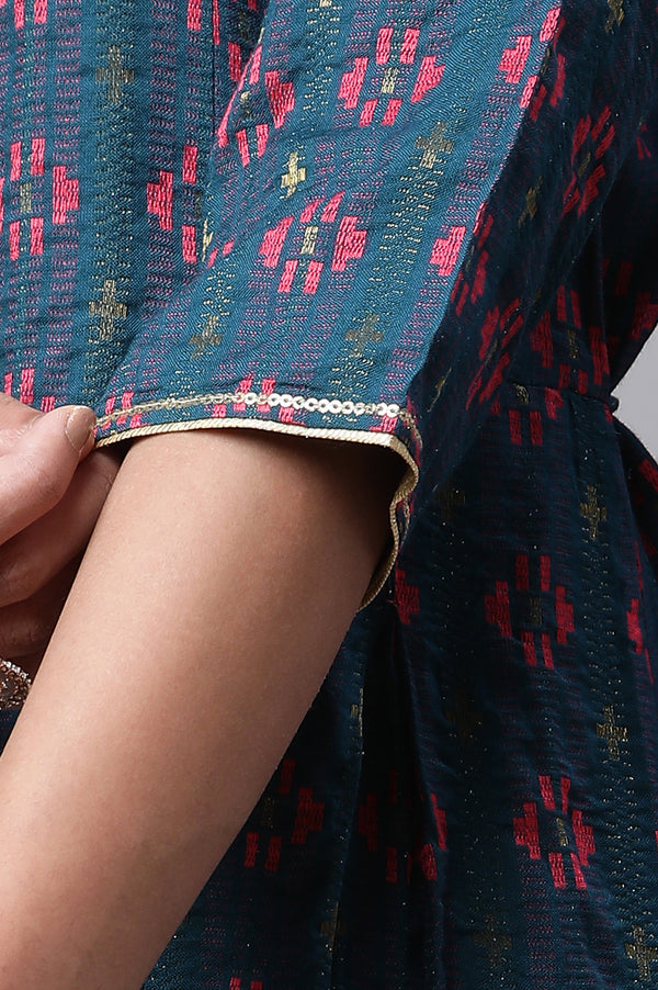 Blue Printed Flared Kurta Tights and Dupatta Set