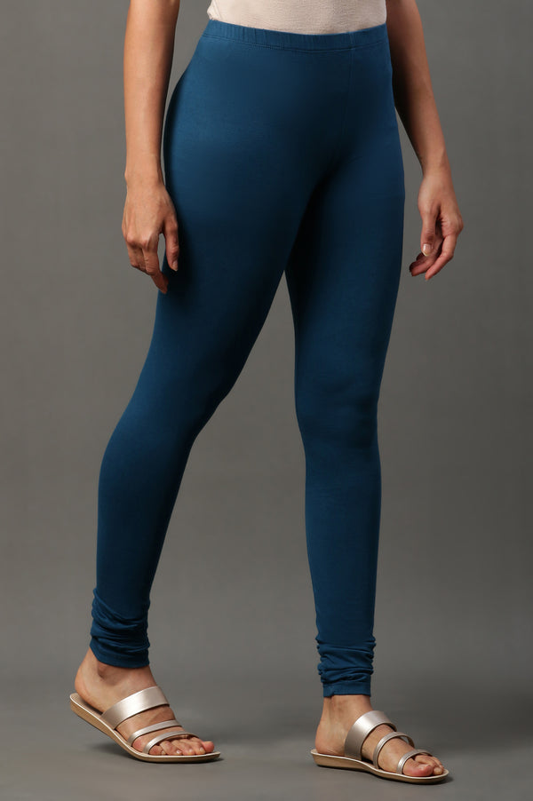 Blue Solid Skinny Fit Cotton Tights With Elasticated Waistband