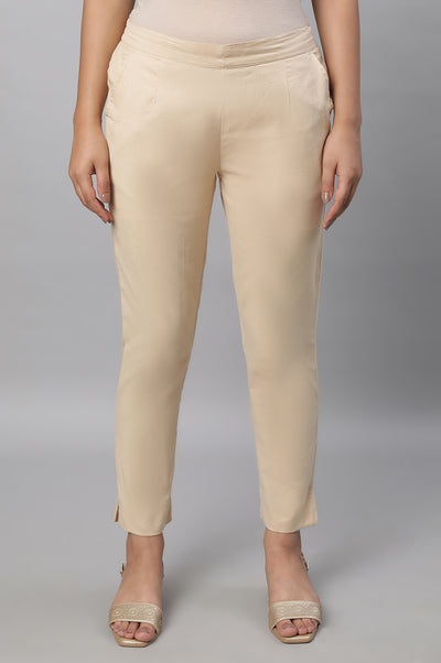 Beige Solid Plain Straight Cotton Trouser