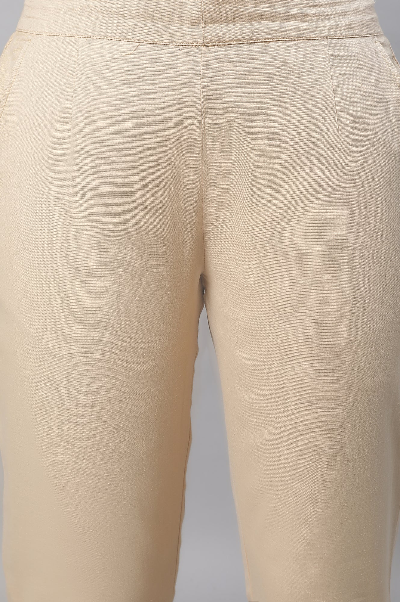Beige Solid Plain Straight Cotton Trouser