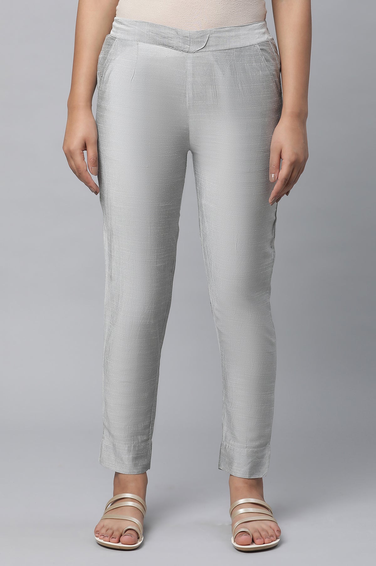 Silver Solid Ankle Length Trousers - S