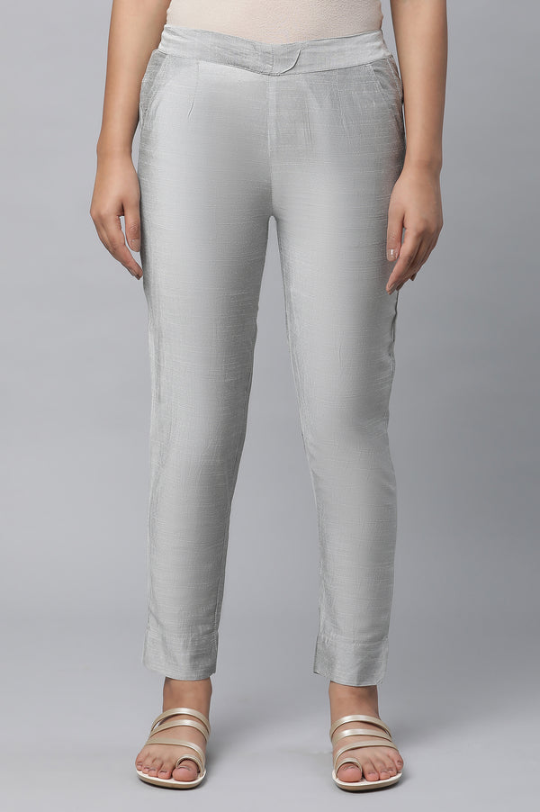 Silver Solid Ankle Length Trousers