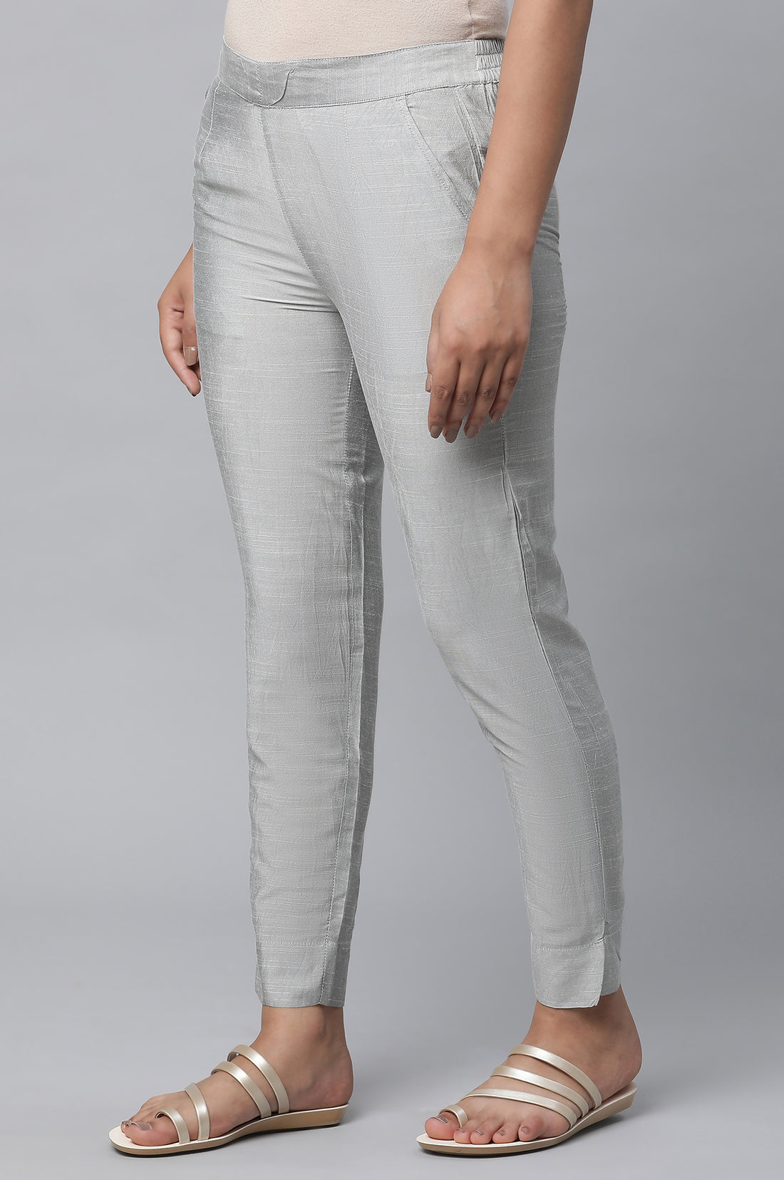 Silver Solid Ankle Length Trousers