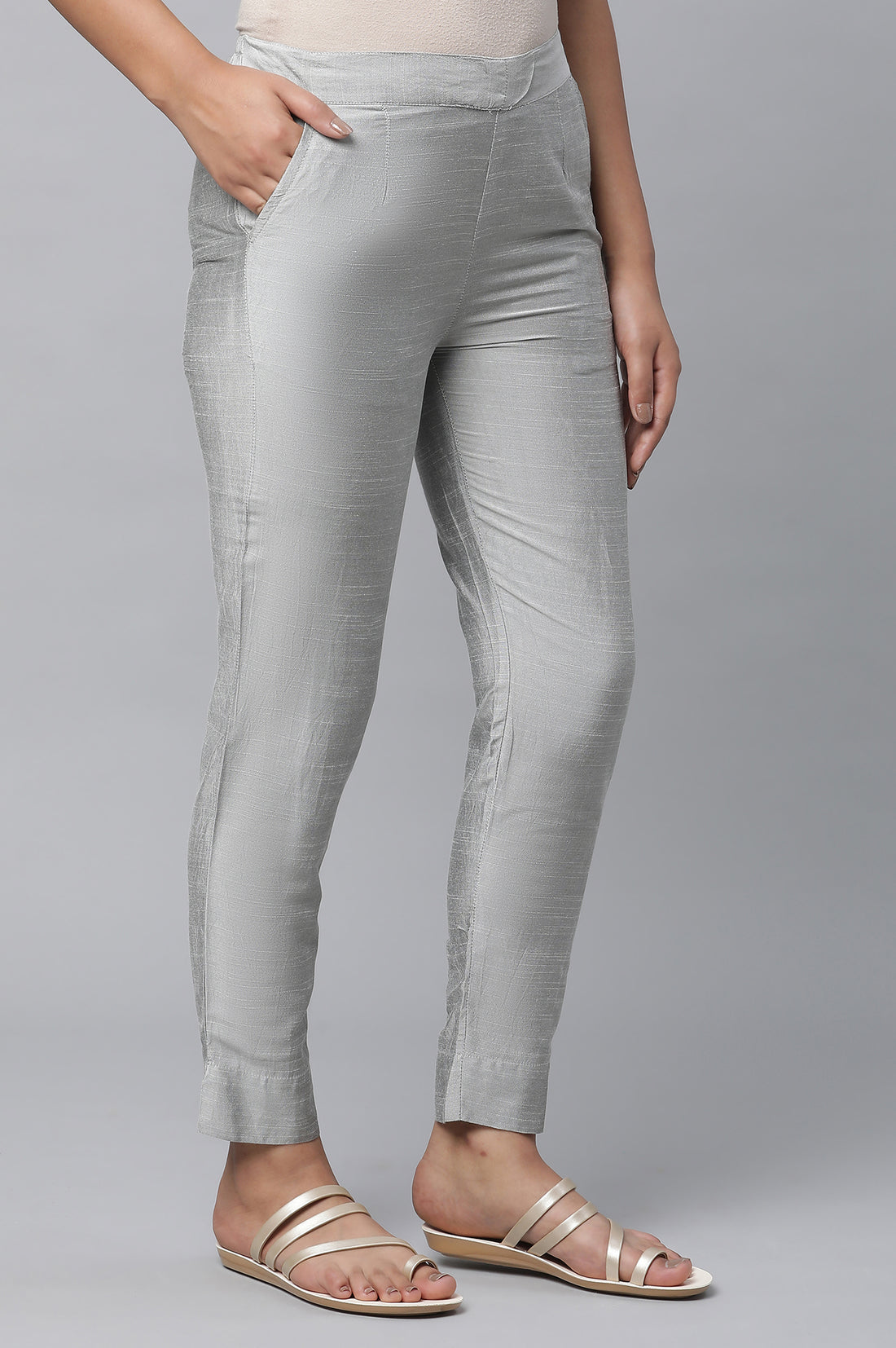 Silver Solid Ankle Length Trousers