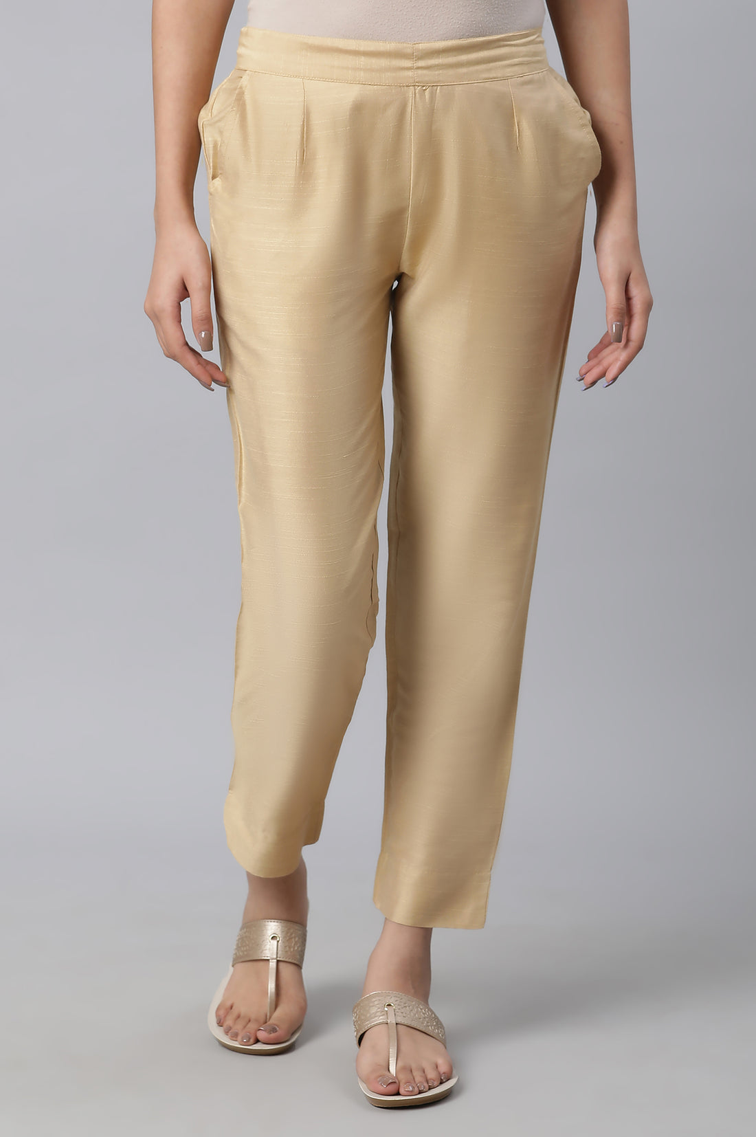 Gold Solid Straight Woven Trouser