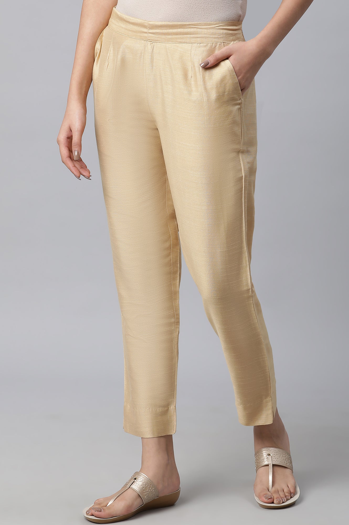 Gold Solid Straight Woven Trouser