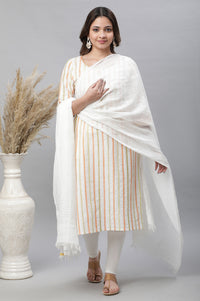 White Geometric Woven Rectangular Cotton Dupatta