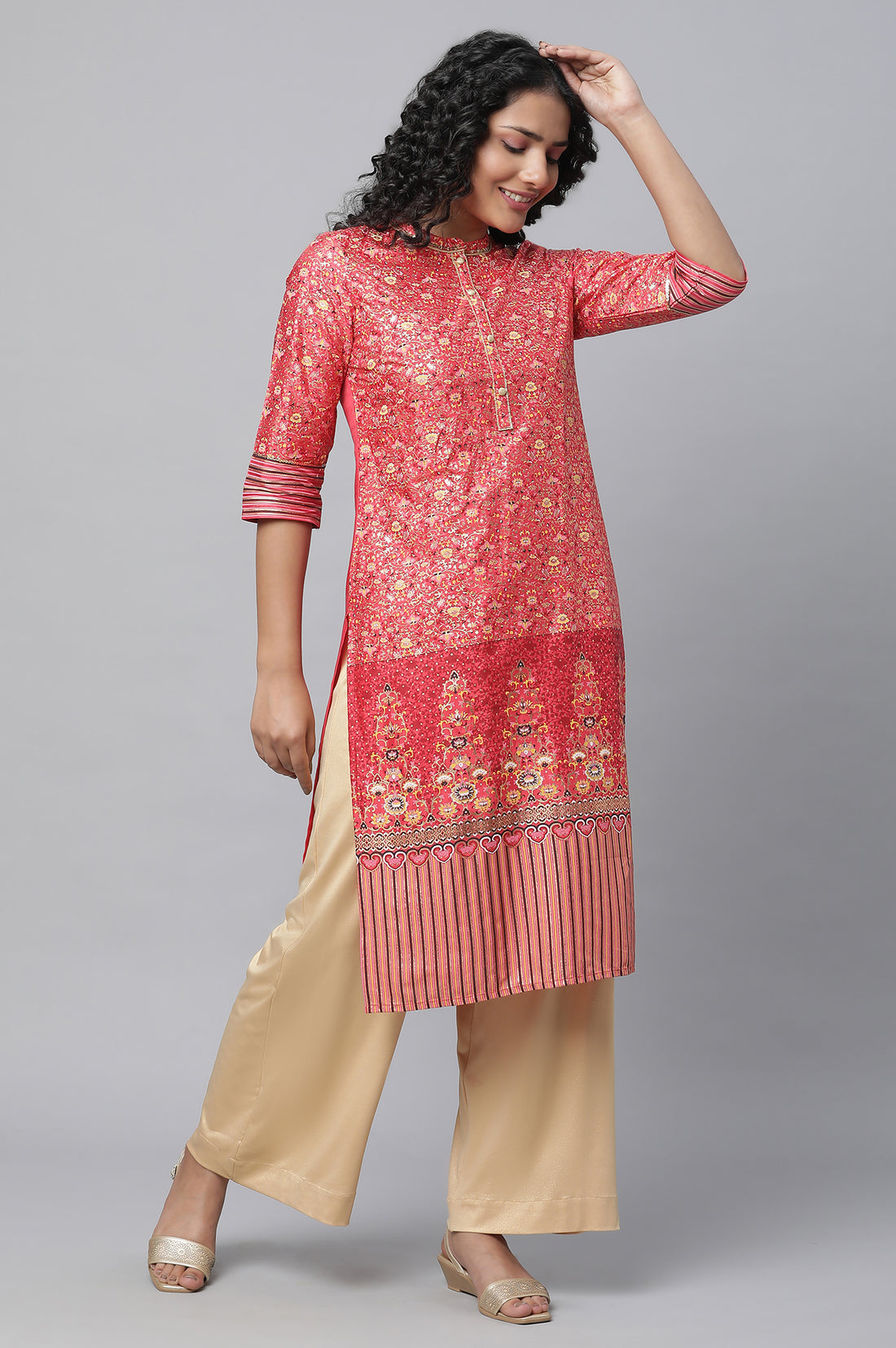 Gold Solid Foil Print Wide Leg Knit Palazzo