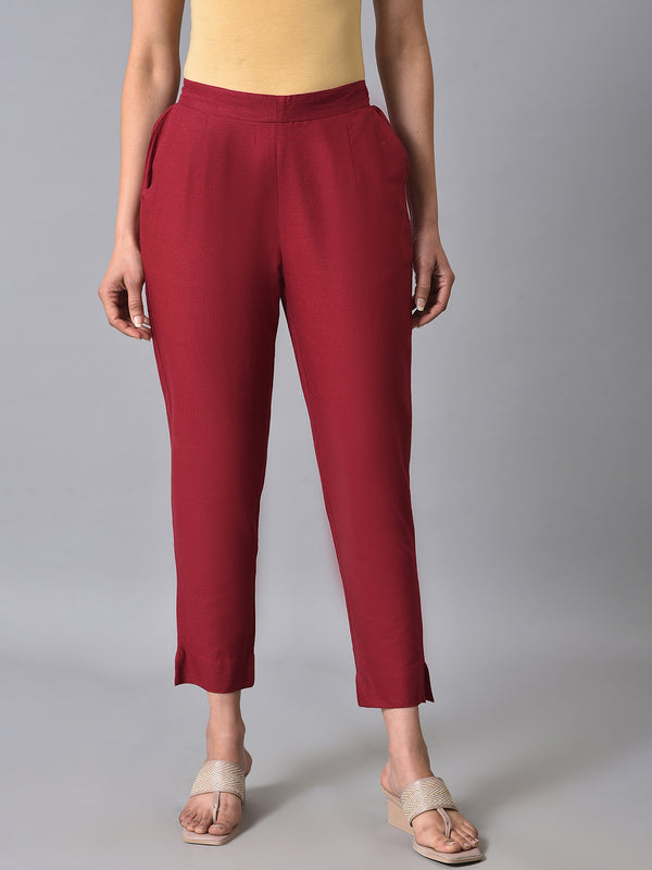 Red Solid Straight Fit Cotton Trousers With Elasticated Back