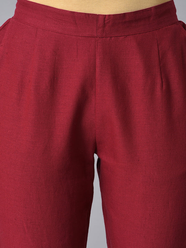 Red Solid Straight Fit Cotton Trousers With Elasticated Back