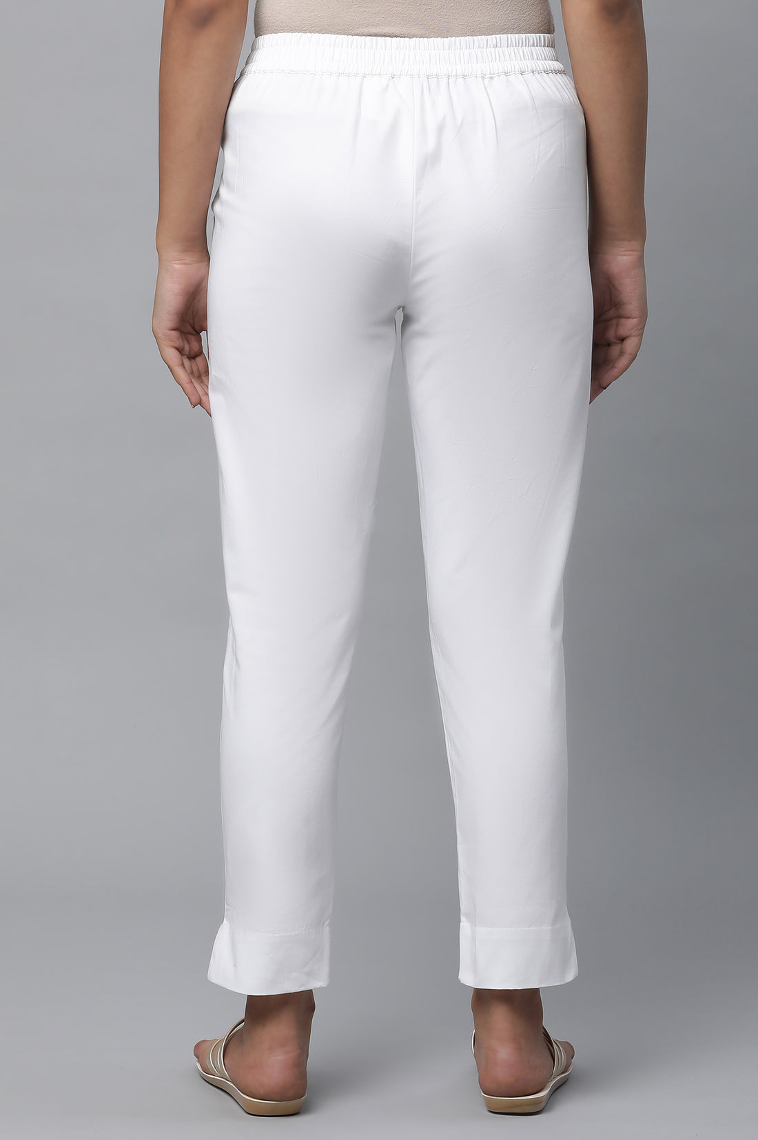 White Solid Straight Fit Cotton Pants With Elasticated Waist