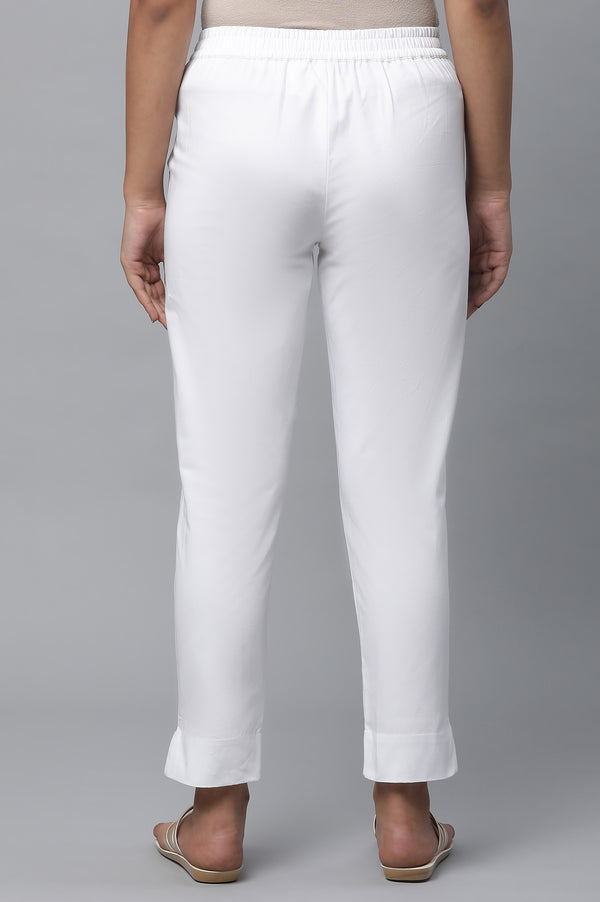 White Solid Straight Fit Cotton Pants With Elasticated Waist