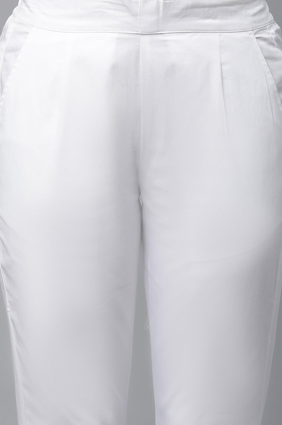 White Solid Straight Fit Cotton Pants With Elasticated Waist