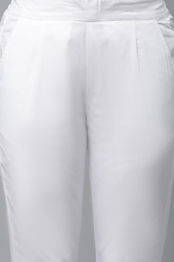 White Solid Straight Fit Cotton Pants With Elasticated Waist