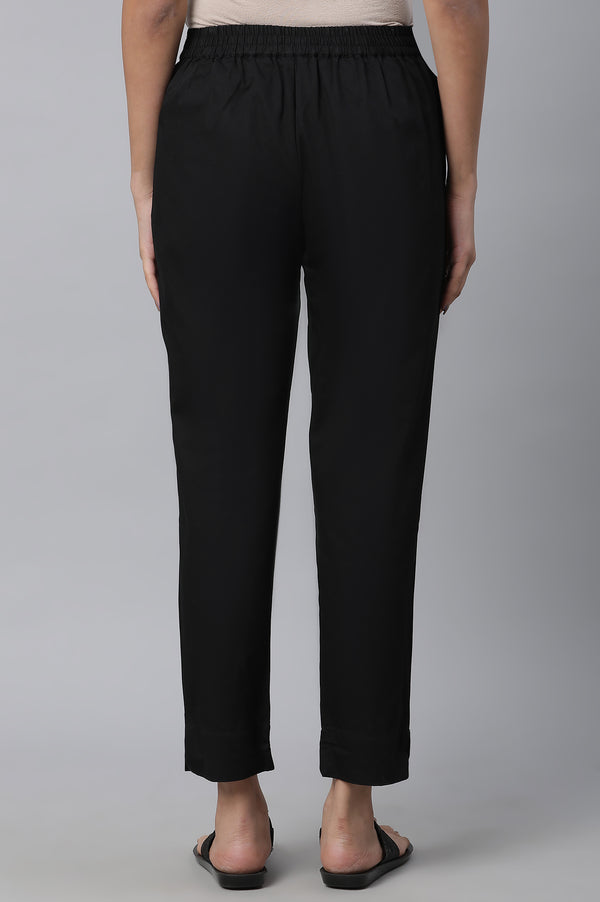 Black Solid Straight Fit Cotton Pants With Elasticated Waist