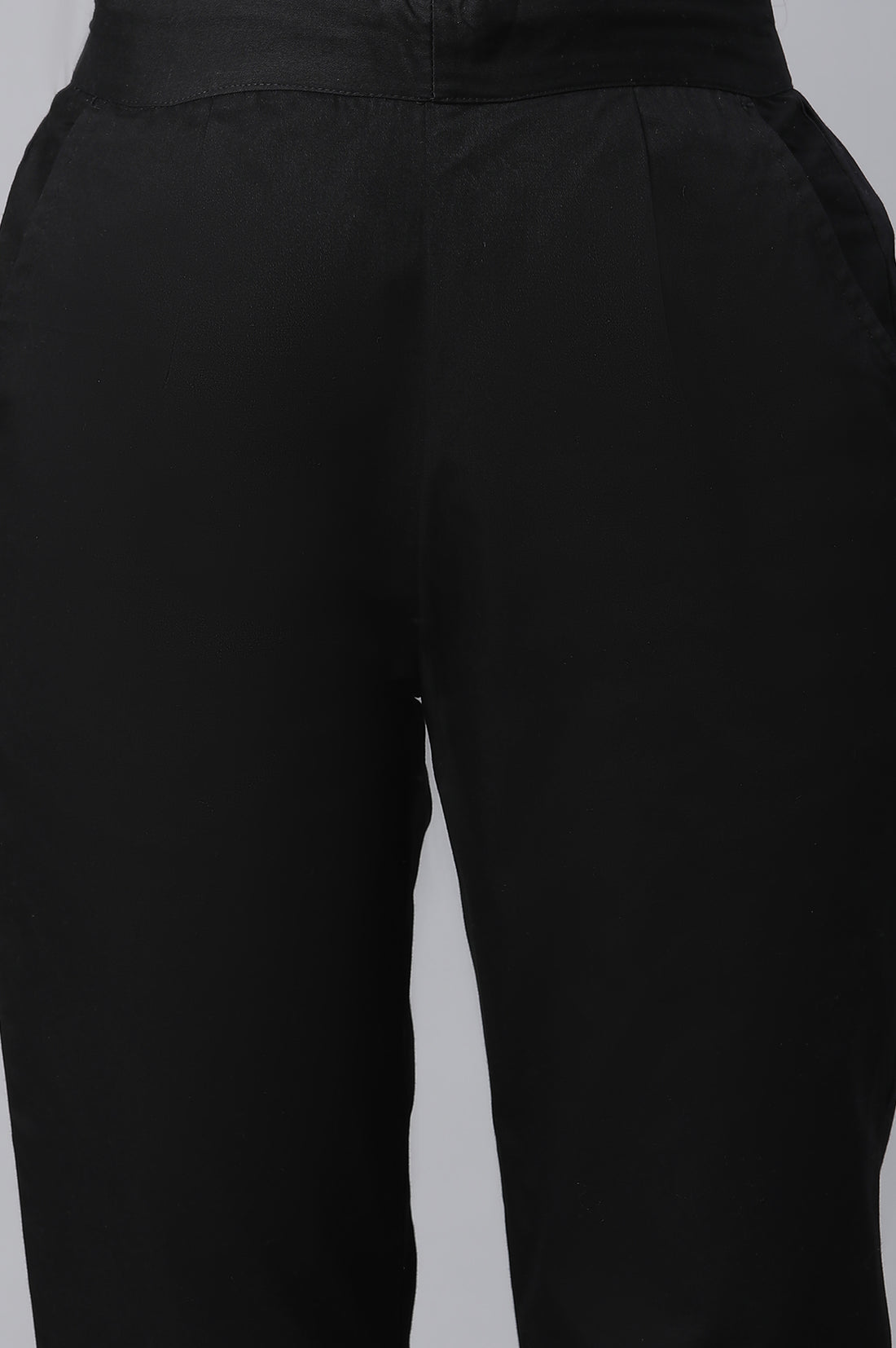 Black Solid Straight Fit Cotton Pants With Elasticated Waist