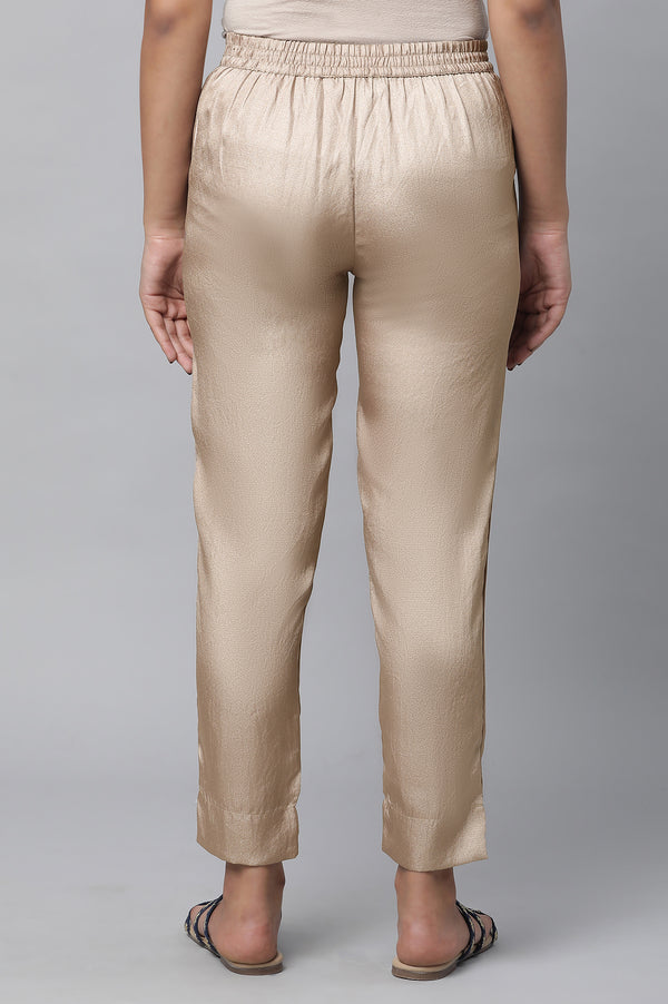 Gold Solid Straight Fit Satin Pants With Elasticated Waist