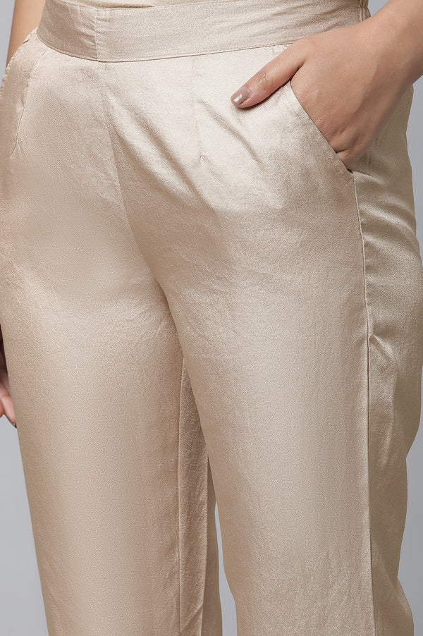 Gold Solid Straight Fit Satin Pants With Elasticated Waist