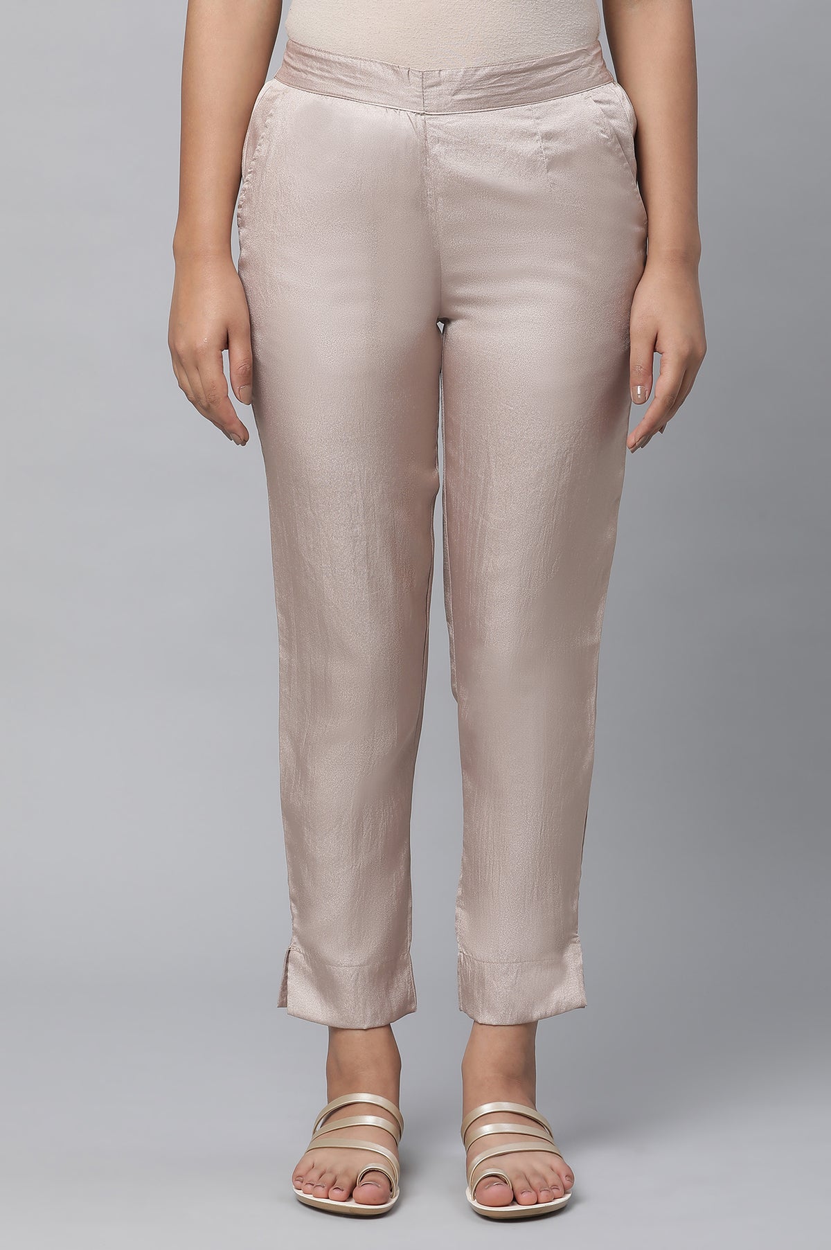 Elleven Women's Gold Solid Straight Fit Satin Pants With Elasticated Waist - M
