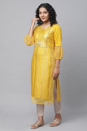 Gold Solid Straight Fit Satin Pants With Elasticated Waist