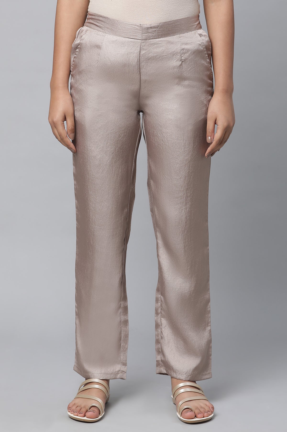 Elleven Women's Gold Solid Straight Fit Woven Pants With Elasticated Waist - XS