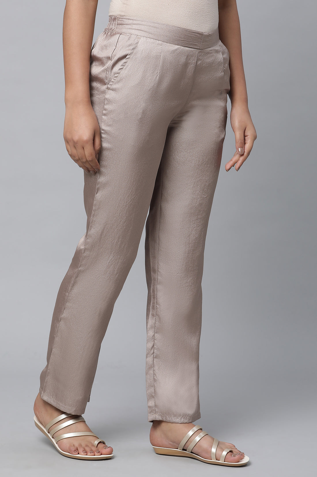 Gold Solid Straight Fit Woven Pants With Elasticated Waist