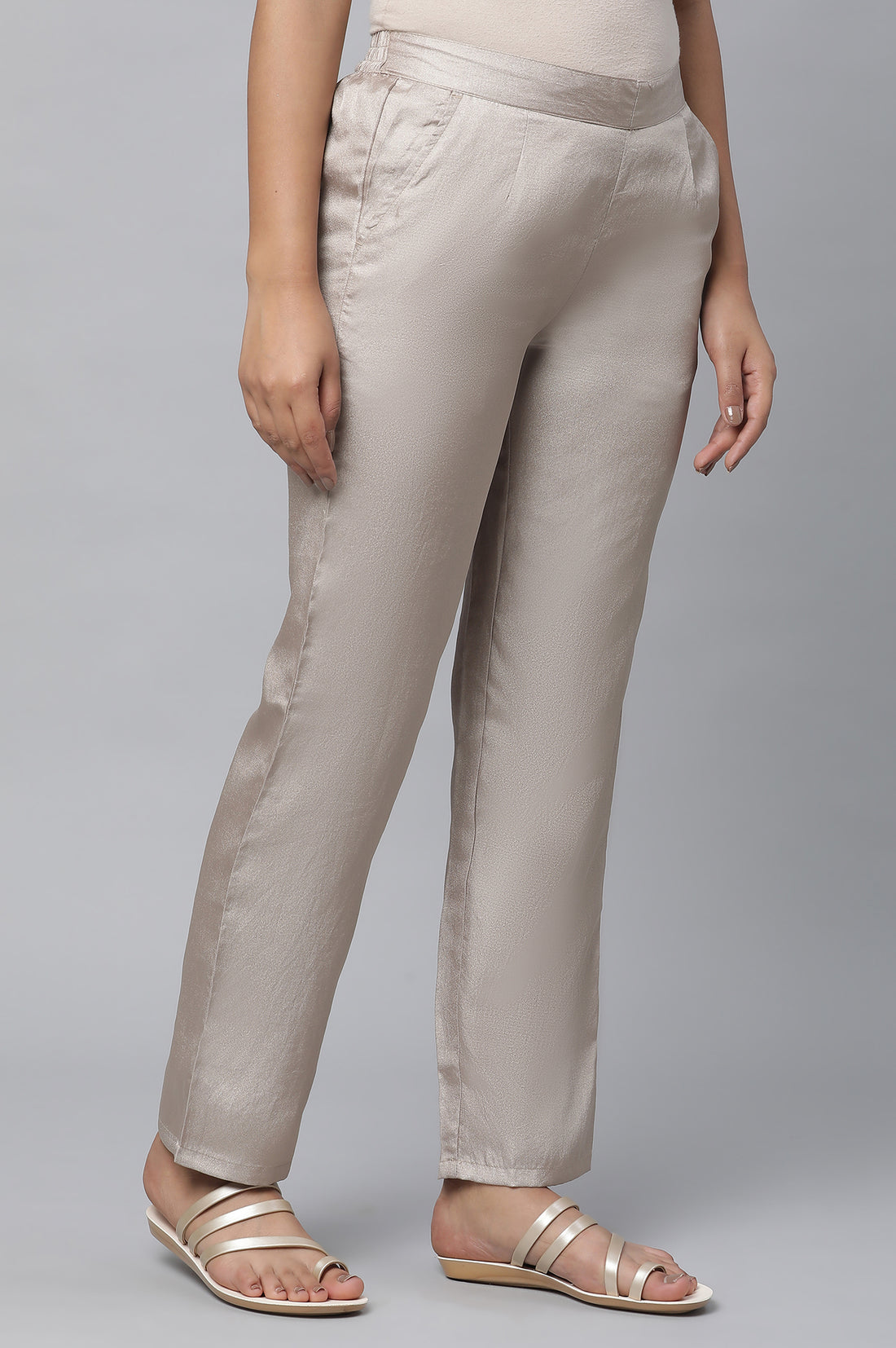 Gold Solid Straight Fit Woven Pants With Elasticated Waist