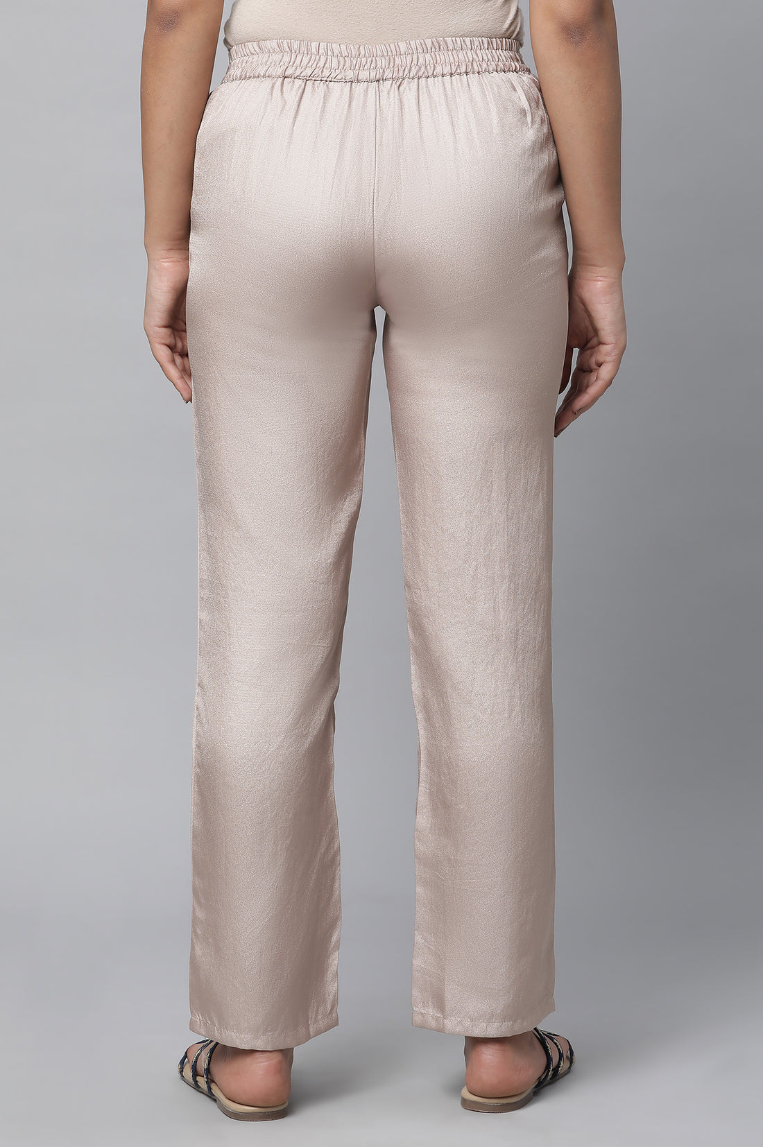 Gold Solid Straight Fit Satin Pants With Elasticated Waist
