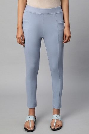 Blue Solid Yoga Tights