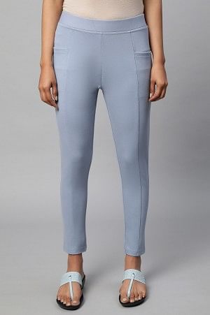 Light Blue Solid Skinny Fit Yoga Tights With Side Pockets