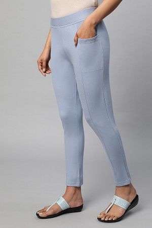 Light Blue Solid Skinny Fit Yoga Tights With Side Pockets