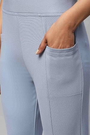 Light Blue Solid Skinny Fit Yoga Tights With Side Pockets