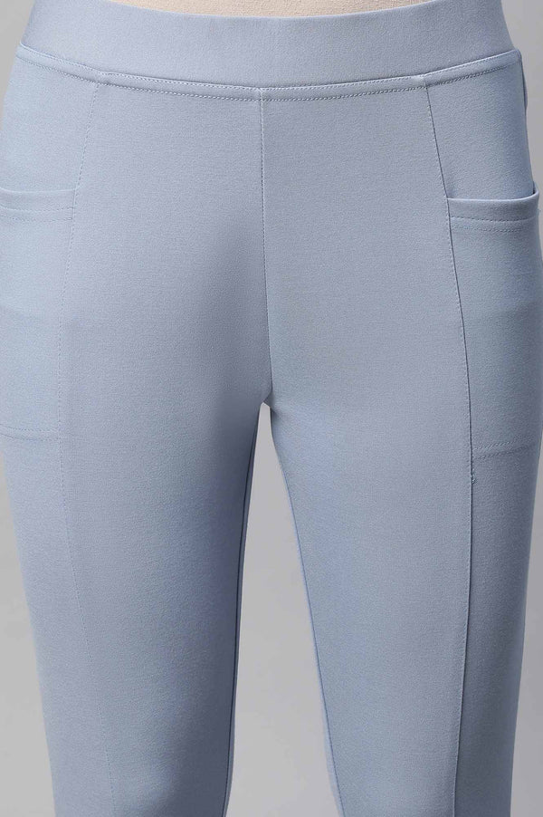 Light Blue Solid Skinny Fit Yoga Tights With Side Pockets