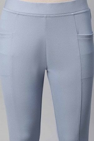 Light Blue Solid Skinny Fit Yoga Tights With Side Pockets