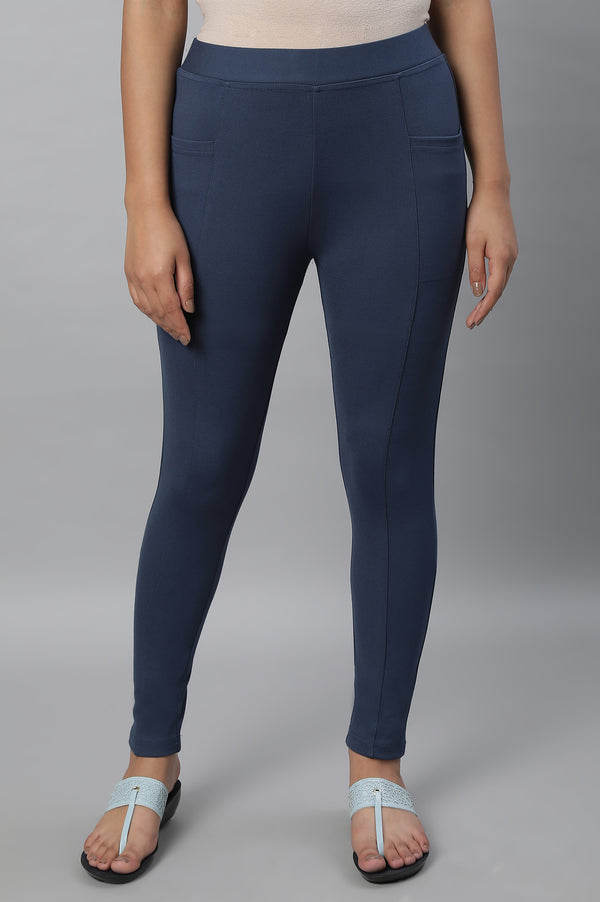 Elleven Women's Blue Solid Skinny-fit Knit Tights with Elasticated Waistband