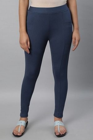 Blue Solid Yoga Tights