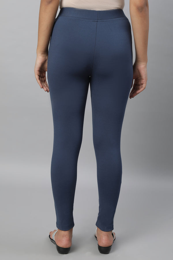 Elleven Women's Blue Solid Skinny-fit Knit Tights with Elasticated Waistband