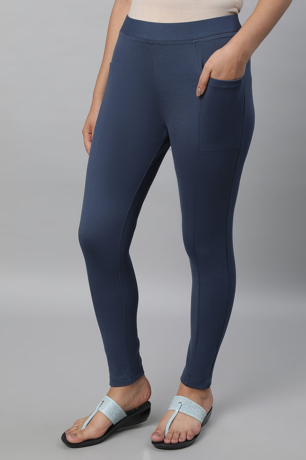 Elleven Women's Blue Solid Skinny-fit Knit Tights with Elasticated Waistband